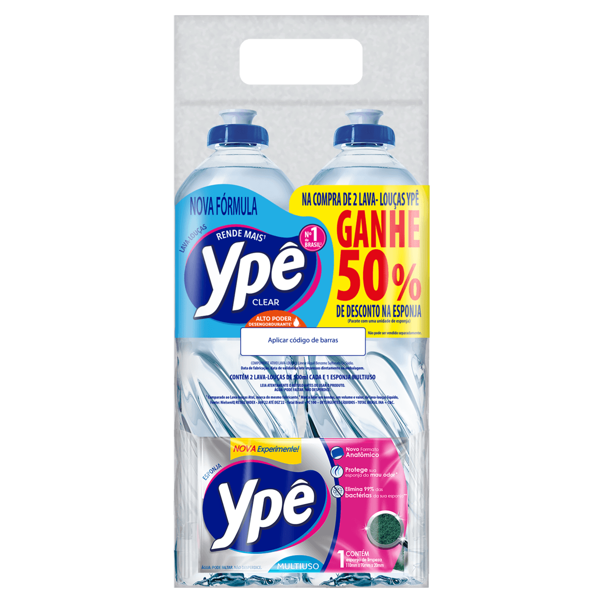 Kit 2 Lava-Louças Líquidos Clear Ypê 500ml Cada + Esponja Grátis 50% de Desconto na Esponja - Image 1