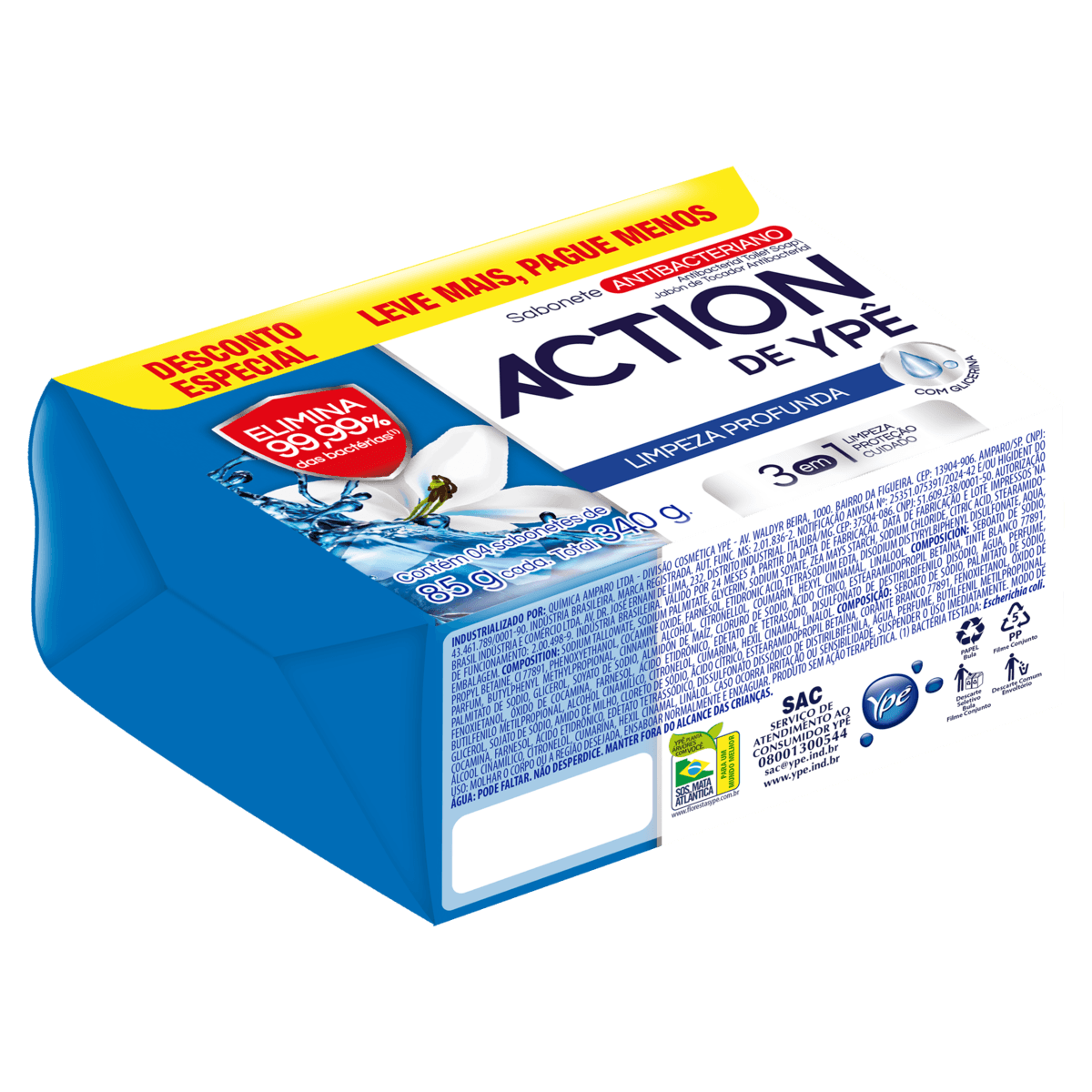 Pack Sabonete Barra Antibacteriano Action de Ypê Limpeza Profunda Envoltório 340g 4 Unidades Leve Mais Pague Menos - Image 1