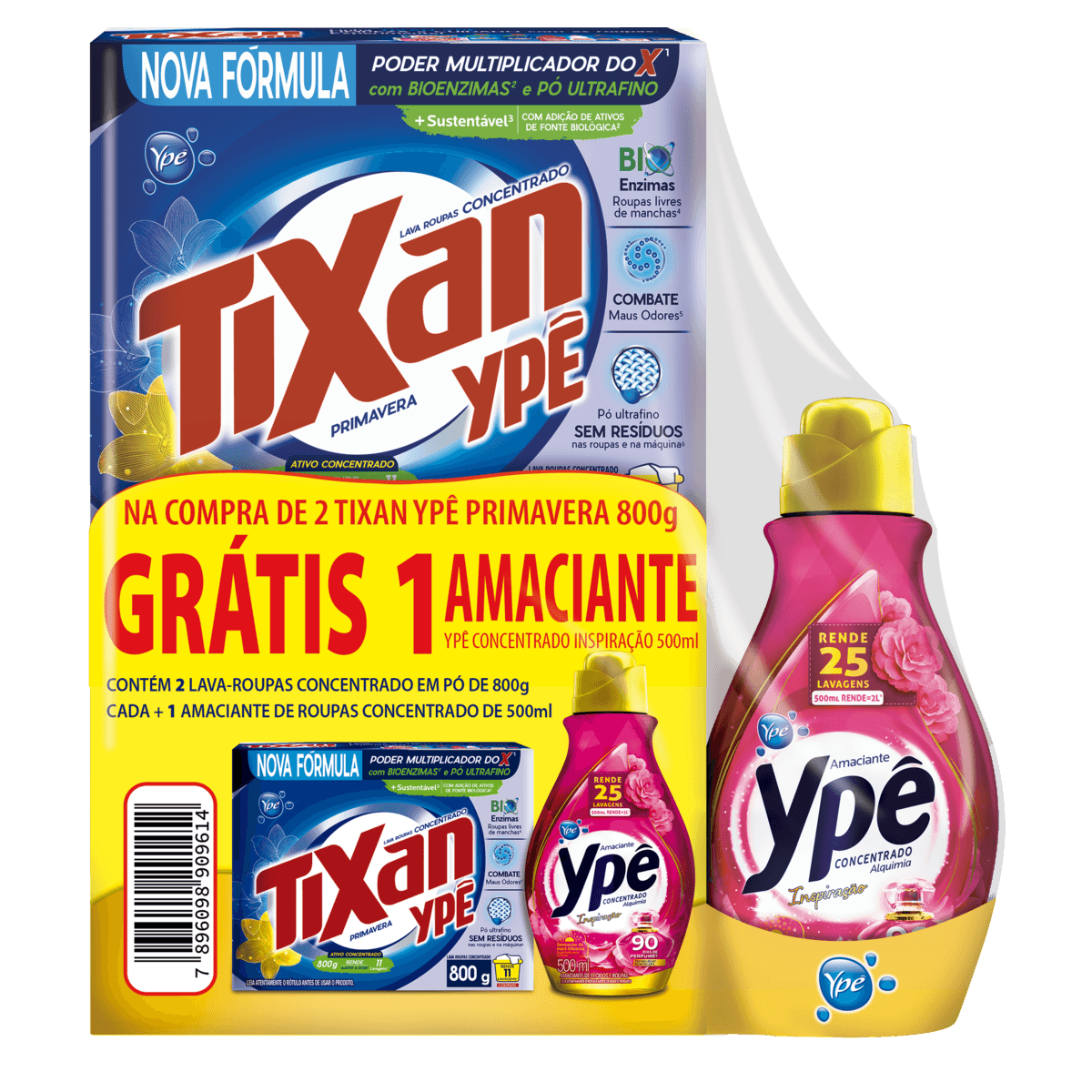 Kit 2 Lava-Roupas Pó Concentrado Primavera Tixan Ypê 800g Cada Grátis Amaciante de Roupa Concentrado Inspiração Ypê Alquimia 500ml - Image 1