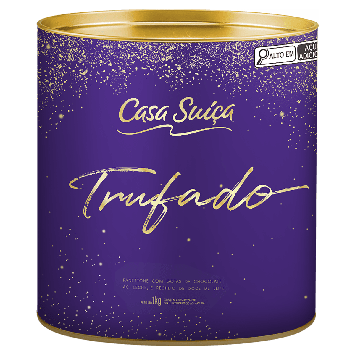 Panettone Com Gotas De Chocolate Ao Leite Recheio Trufado Doce De Leite Casa Suíça Lata 1Kg - Image 1