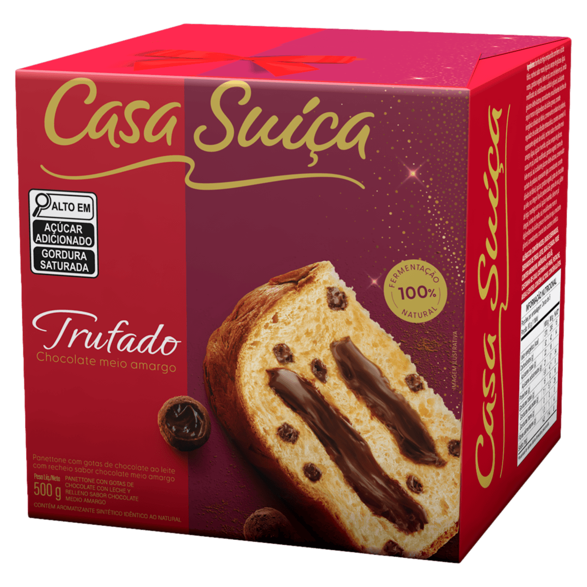 Panettone Com Gotas De Chocolate Ao Leite Recheio Trufado Chocolate Meio Amargo Casa Suíça Caixa 500G - Image 1