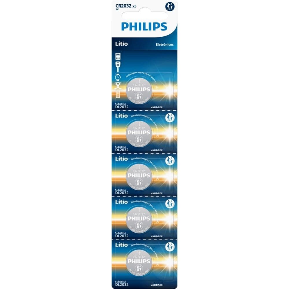 Bateria Philips Do Tipo Moeda Cr2032 3V Lítio Com Pack 5 Unidades Cr2032P5B/59 - Image 1